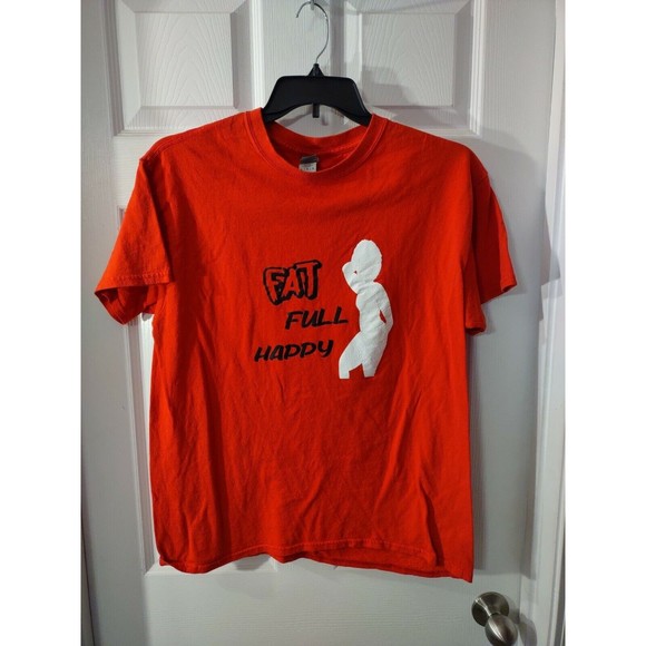 Gildan T Shirt Size L Red Short Sleeve Fat Full Happy Heavy Cotton - Picture 1 of 9